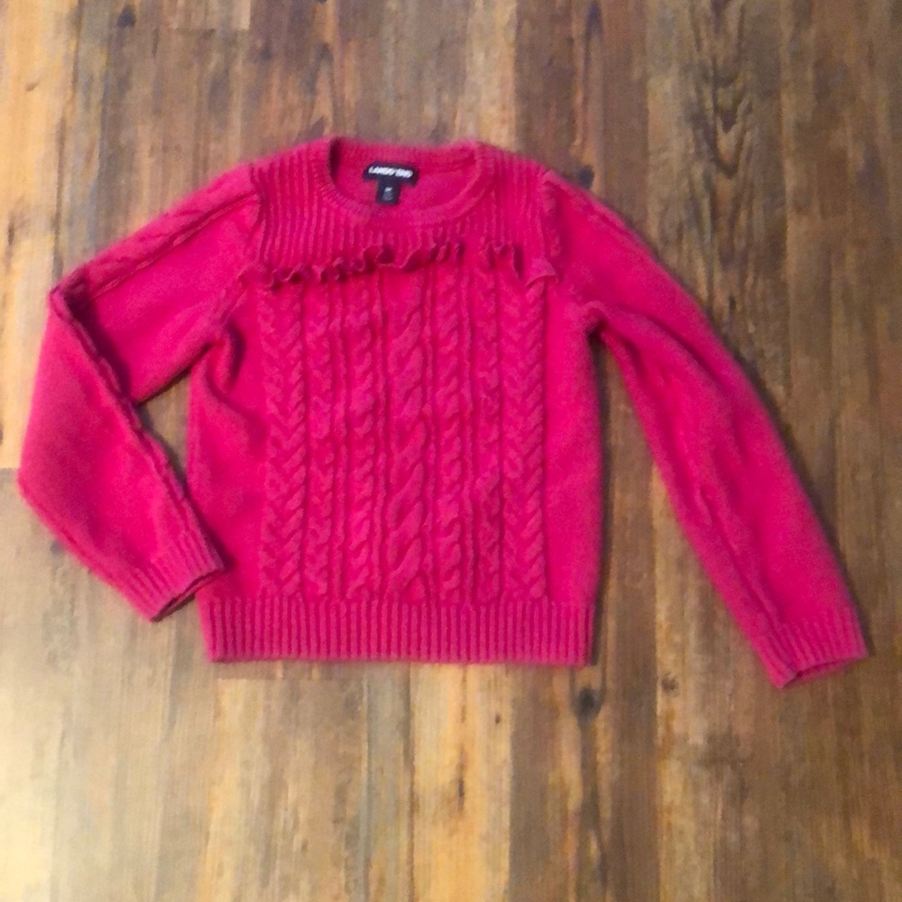 Lands End l Girls Magenta Pink Ruffle Cable-knit Cotton Sweater